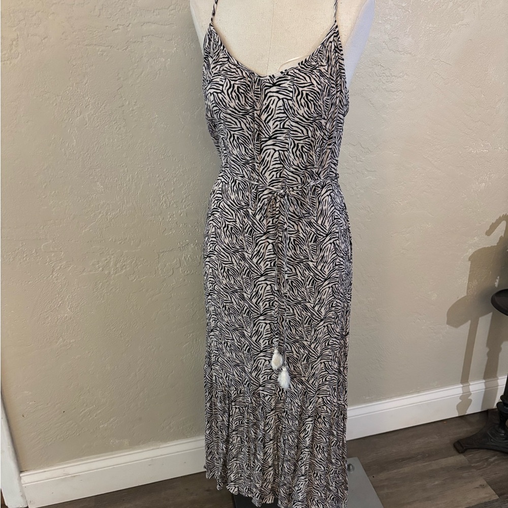 Women's Black & White Zebra Print Maxi Dress with Tassel Tie Sz M